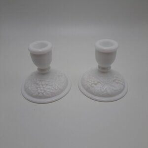 Imperial Glass Milk Glass Candle Holder Pair 1950s Grapes Leaves